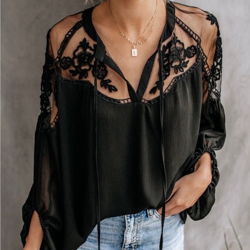 Boho Black Lace Floral Embroidery Blouse - Picture 3 of 6